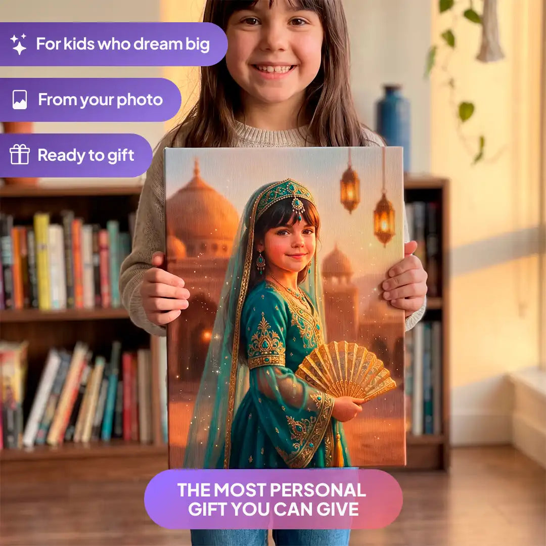 Girl holding a Desert Princess canvas portrait from Milo Portrait in a living room.