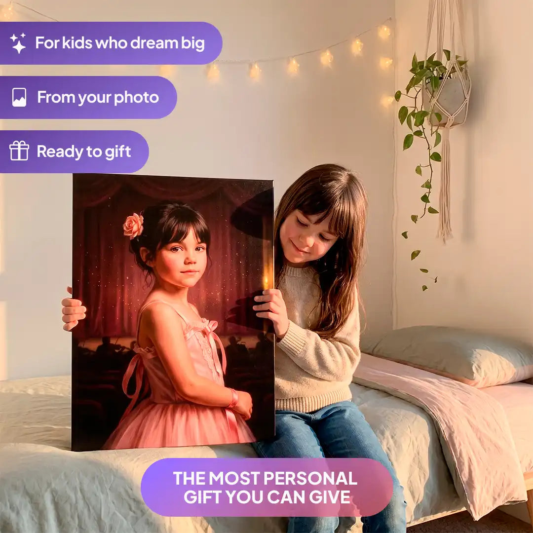Girl holding a Ballerina Princess canvas portrait from Milo Portrait in a bedroom.