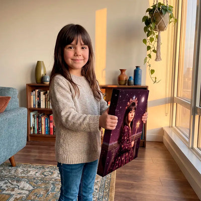 A young girl with dark hair stands in a sunlit living room holding a custom portrait canvas print. The canvas features a painted illustration of a girl in a purple and black dress under a starry sky.