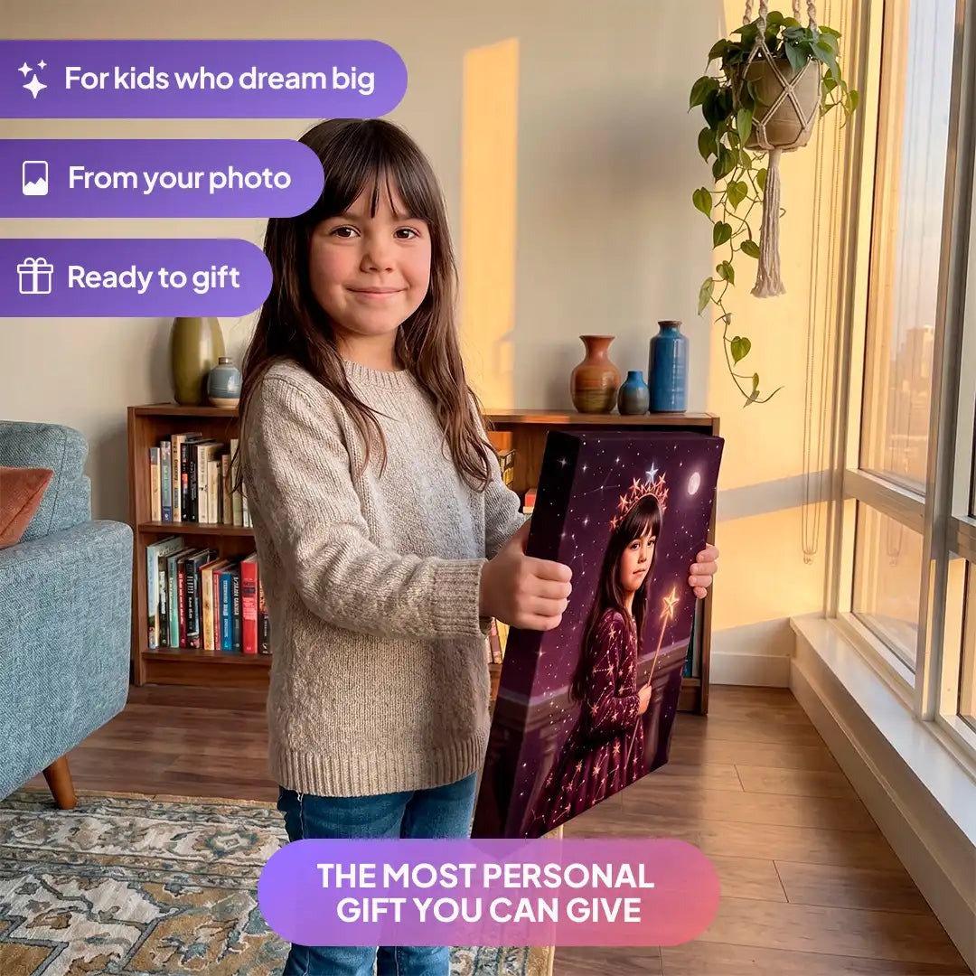 Girl holding a Star Princess canvas portrait from Milo Portrait in a living room.