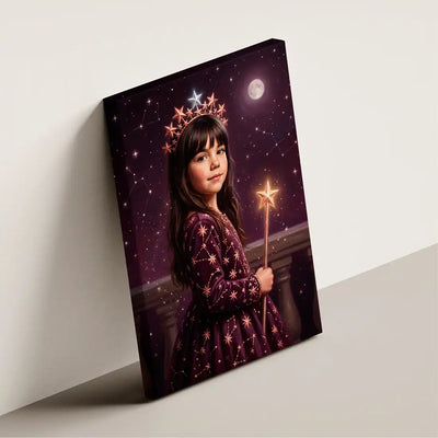 A vertical canvas wall art print leaning against a light gray wall. The artwork depicts a young girl in a star-patterned dress and crown holding a glowing star wand, set against a starry night sky with a moon.