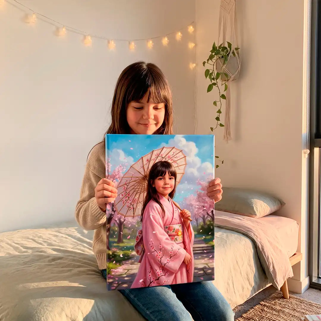 A young girl sits on a bed in a cozy bedroom, holding up a colorful custom portrait canvas print of herself wearing a pink kimono and holding a cherry blossom umbrella.