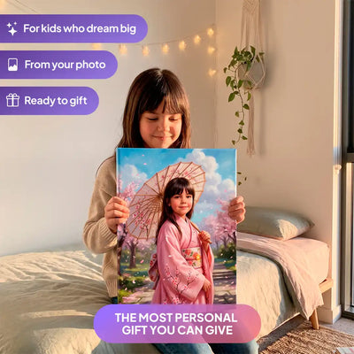 Girl holding a Blossom Princess canvas portrait from Milo Portrait in a bedroom.