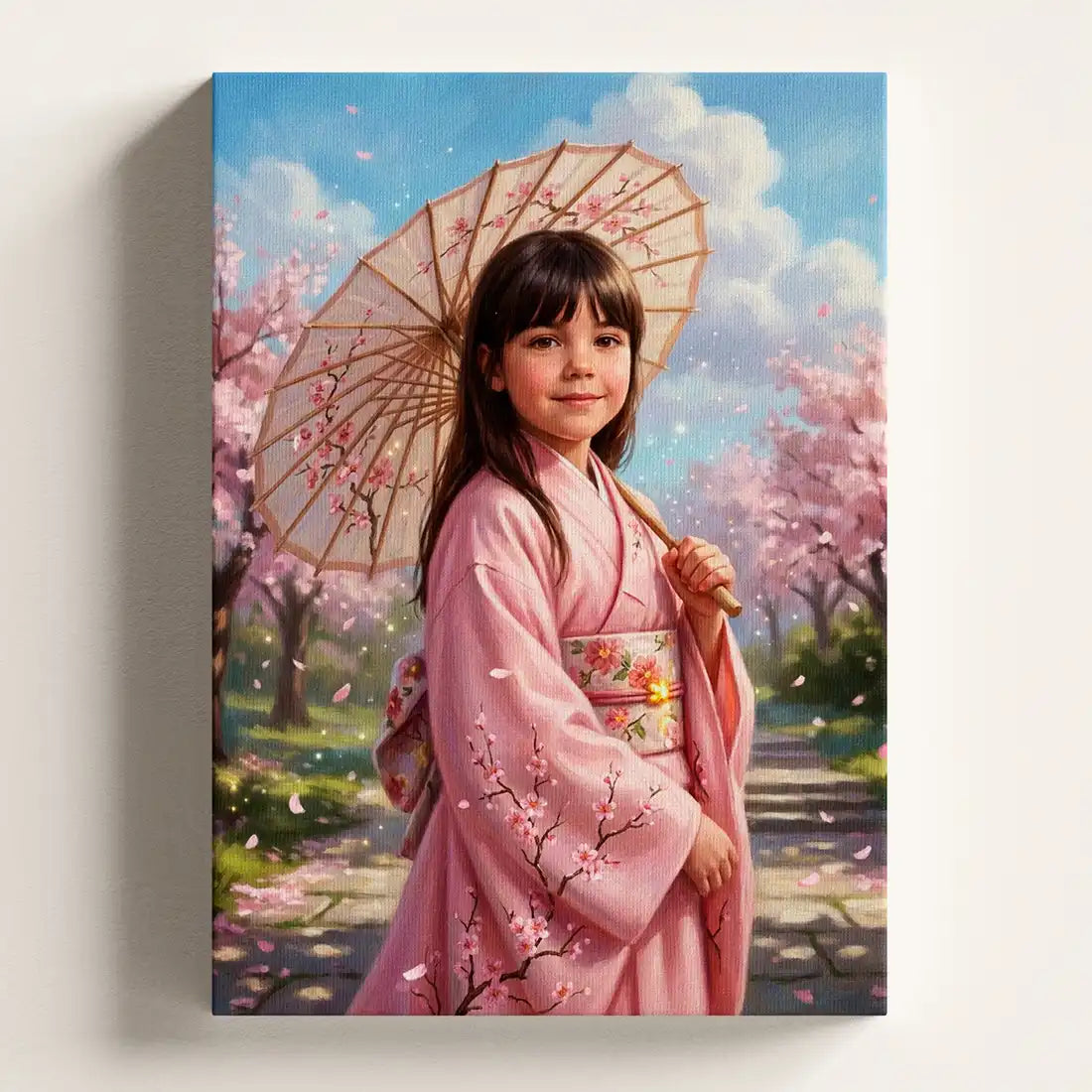 A vertical canvas wall art print depicting a young girl in a pink kimono holding a cherry blossom paper umbrella, set against a background of blooming trees and a blue sky.