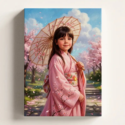 A vertical canvas wall art print depicting a young girl in a pink kimono holding a cherry blossom paper umbrella, set against a background of blooming trees and a blue sky.