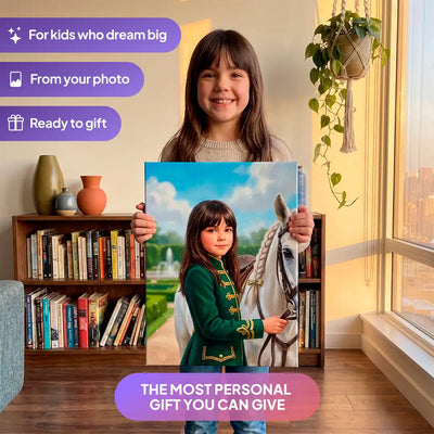 Girl holding an Equestrian Princess canvas portrait from Milo Portrait in a living room.
