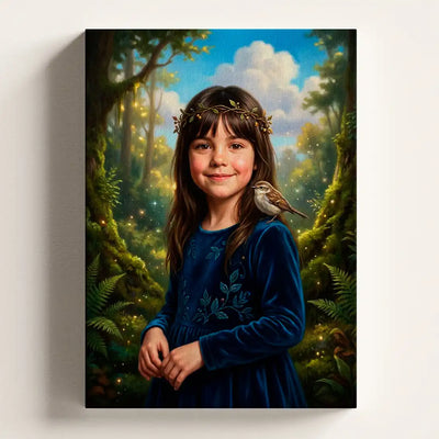 A vertical canvas wall art print featuring a digital painting of a young girl with a bird on her shoulder, set against a lush forest background. The girl wears a blue dress and a leafy crown.