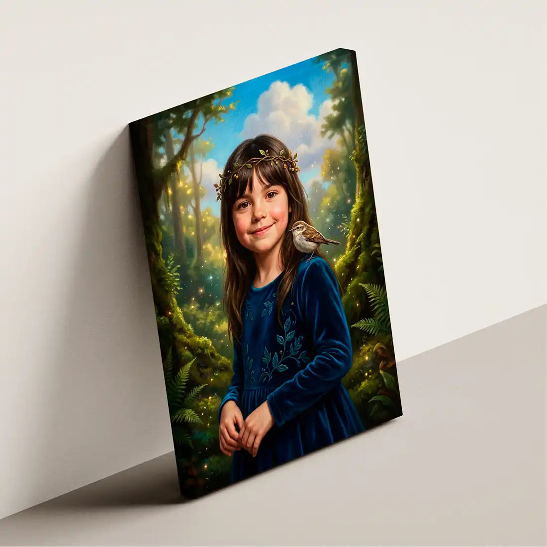 A vertical canvas print featuring a custom fantasy portrait of a young girl in a forest, shown leaning against a neutral wall.