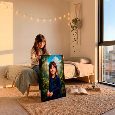 A young girl sits on a bed in a cozy, sunlit bedroom holding up a vertical canvas print of her own portrait painted in a forest scene. The room features warm lighting, a string of fairy lights, a macrame wall hanging, and a large window showing a city skyline.