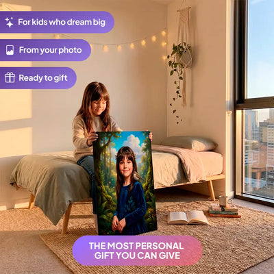 Girl holding a Forest Princess canvas portrait from Milo Portrait in a bedroom.