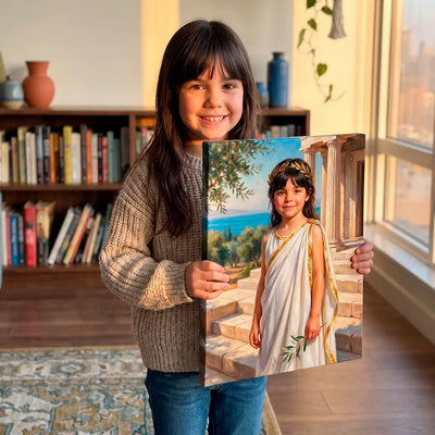 A young girl stands in a sunlit room holding a custom portrait print of herself dressed in a white toga with gold trim, set against a classical stone staircase and blue sea background.