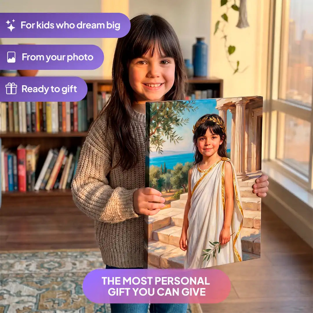 Girl holding a Greek Princess canvas portrait from Milo Portrait in a living room.