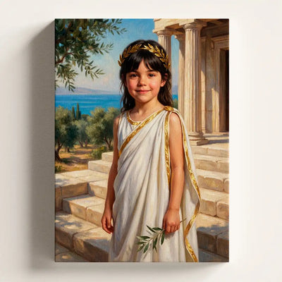 A vertical canvas wall art print depicting a young girl in a classical white and gold toga standing on stone steps with a blue sea and trees in the background, shown hanging against a light wall.