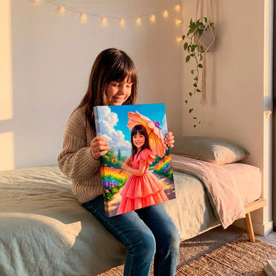 A young girl with dark hair sits on a bed in a cozy bedroom, holding up a colorful custom portrait painting of herself wearing a pink dress and hat.