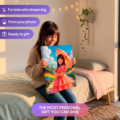 Girl holding a Garden Princess canvas portrait from Milo Portrait in a bedroom.