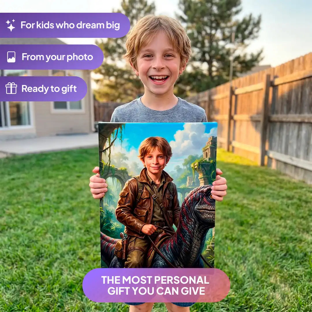 Boy holding a Dino Rider canvas portrait from Milo Portrait in a garden.