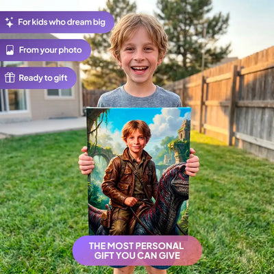 Boy holding a Dino Rider canvas portrait from Milo Portrait in a garden.