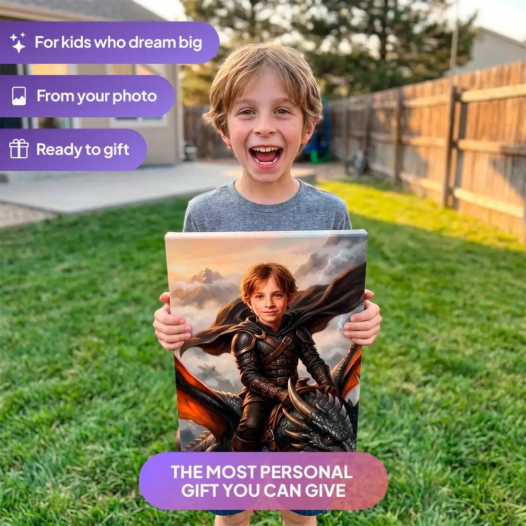 Boy holding a Mountain Dragon Rider canvas portrait from Milo Portrait in a garden.