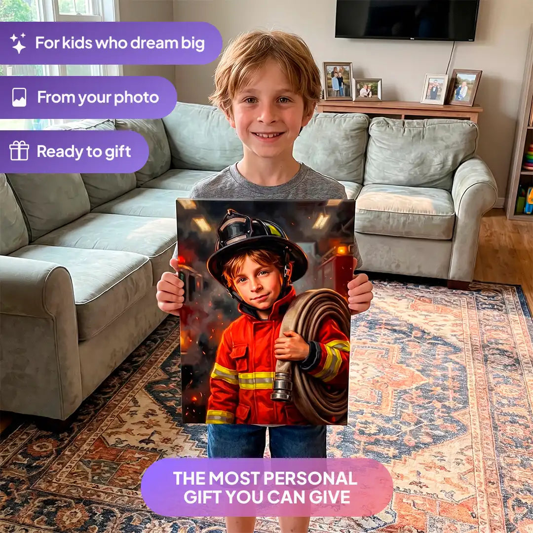 Boy holding a Junior Firefighter canvas portrait from Milo Portrait in a living room.