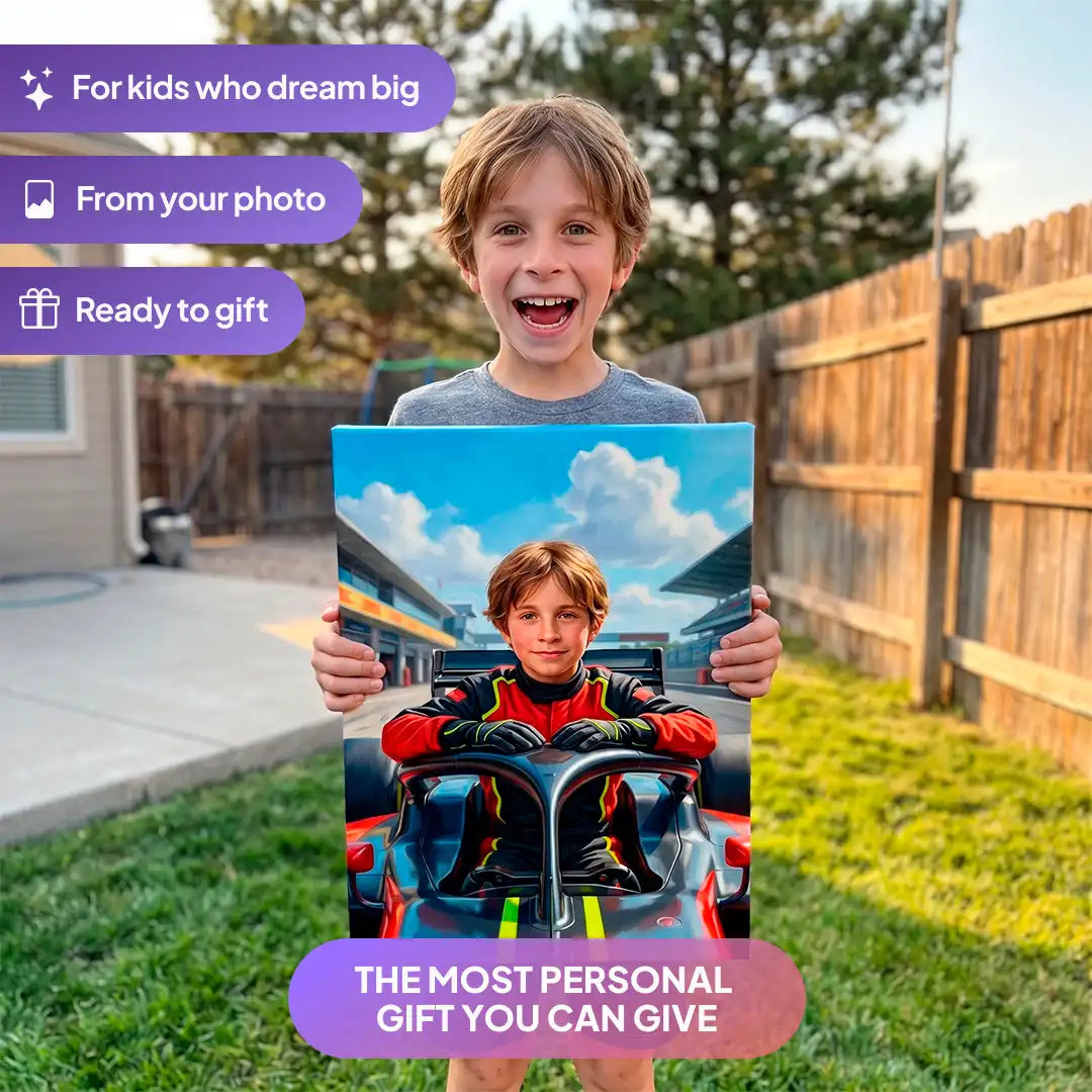 Boy holding an F1 Driver canvas portrait from Milo Portrait in a garden.