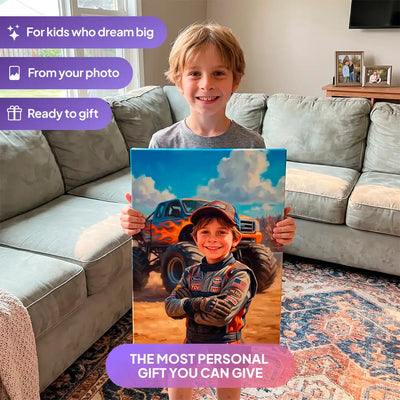 Boy holding a Monster Truck Driver canvas portrait from Milo Portrait in a living room.
