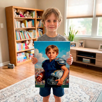 A young boy stands in a living room holding a custom portrait painting of himself as a football player. The painting depicts him in a blue jersey and shorts holding a football and helmet against a blue sky background.