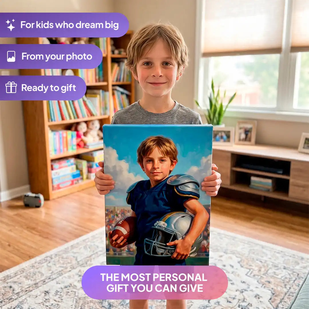 Boy holding a Football Star canvas portrait from Milo Portrait in a living room.
