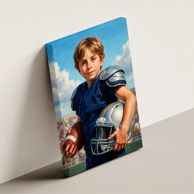 A custom canvas wall art print depicting a young boy as a football player, shown leaning against a light gray wall.