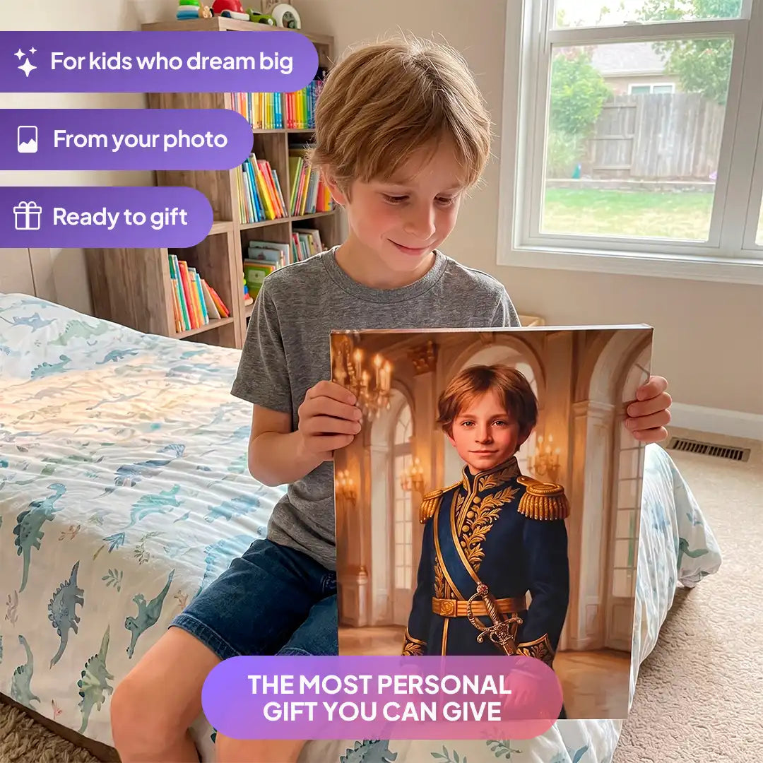 Boy holding a Royal Prince canvas portrait from Milo Portrait in a bedroom.