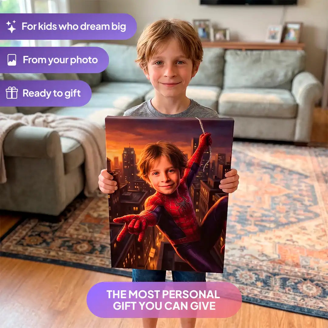 Boy holding a Swinging Hero canvas portrait from Milo Portrait in a living room.