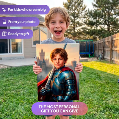 Boy holding a Steel Knight canvas portrait from Milo Portrait in a garden.