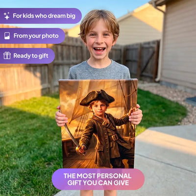 Boy holding a Pirate Captain canvas portrait from Milo Portrait in a garden.