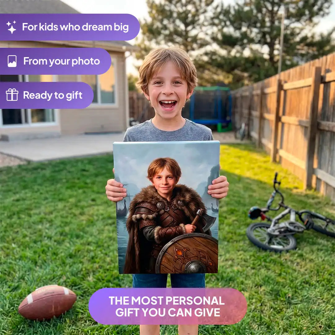 Boy holding a Viking Warrior canvas portrait from Milo Portrait in a garden.