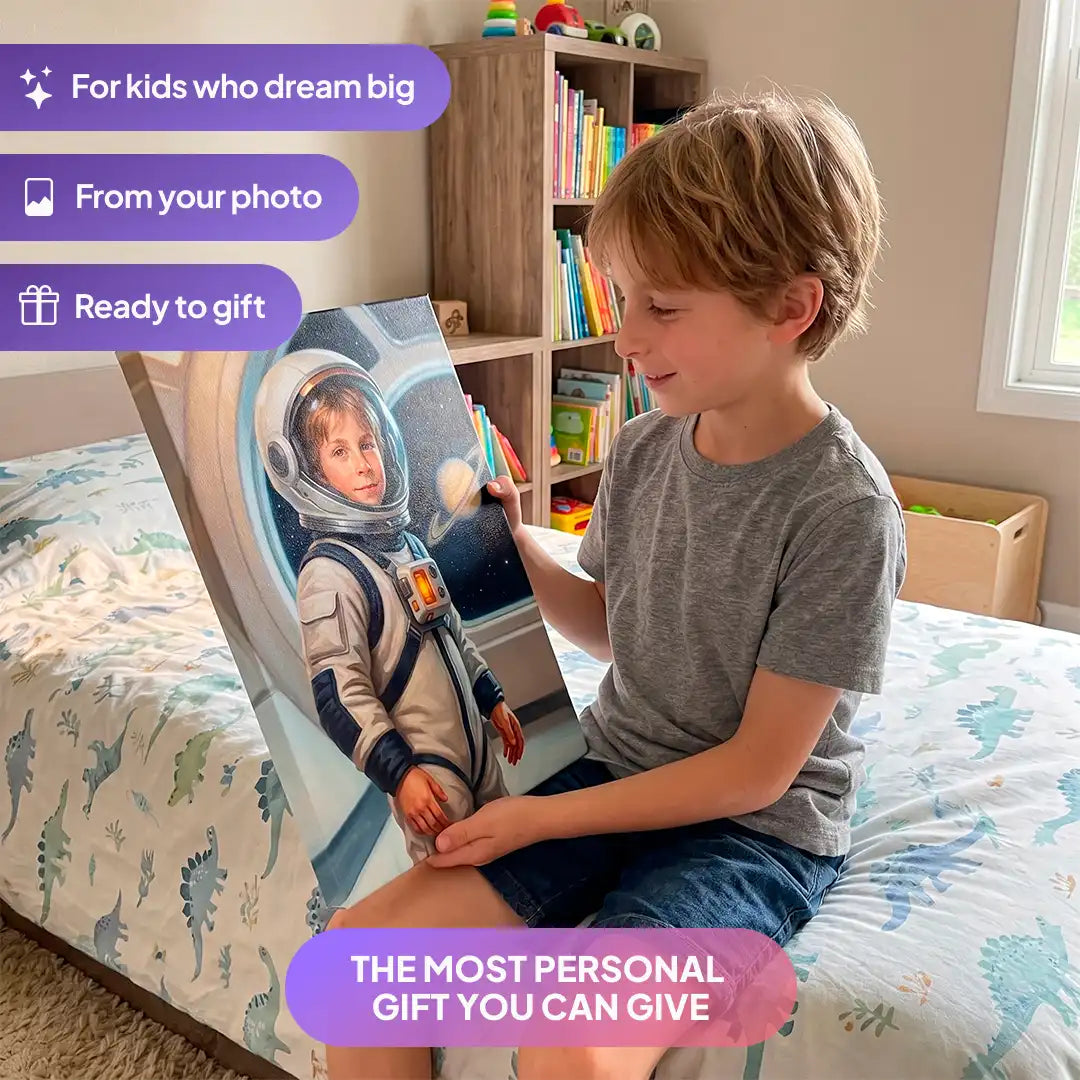 Boy holding a Space Astronaut canvas portrait from Milo Portrait in a bedroom.