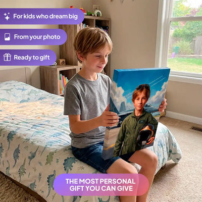 Boy holding a Fighter Pilot canvas portrait from Milo Portrait in a bedroom.