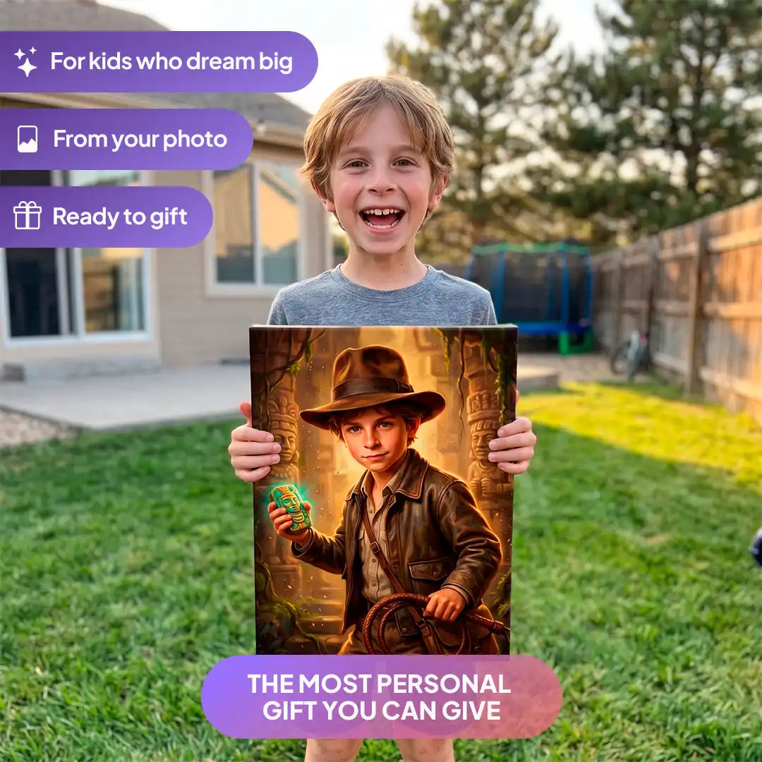 Boy holding a Temple Explorer canvas portrait from Milo Portrait in a garden.