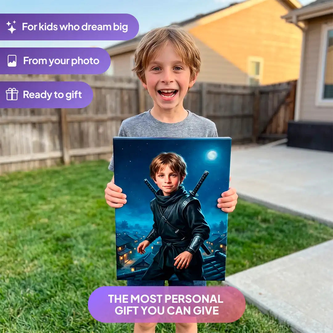 Boy holding a Shadow Ninja canvas portrait from Milo Portrait in a garden.