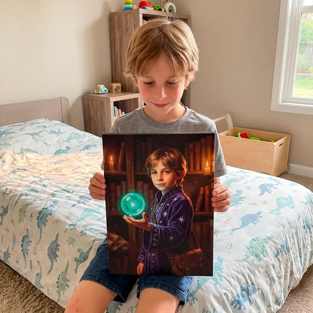 A young boy sits on a bed holding a custom portrait painting of himself. The painting depicts him in a dark purple jacket holding a glowing green orb in front of a bookshelf.