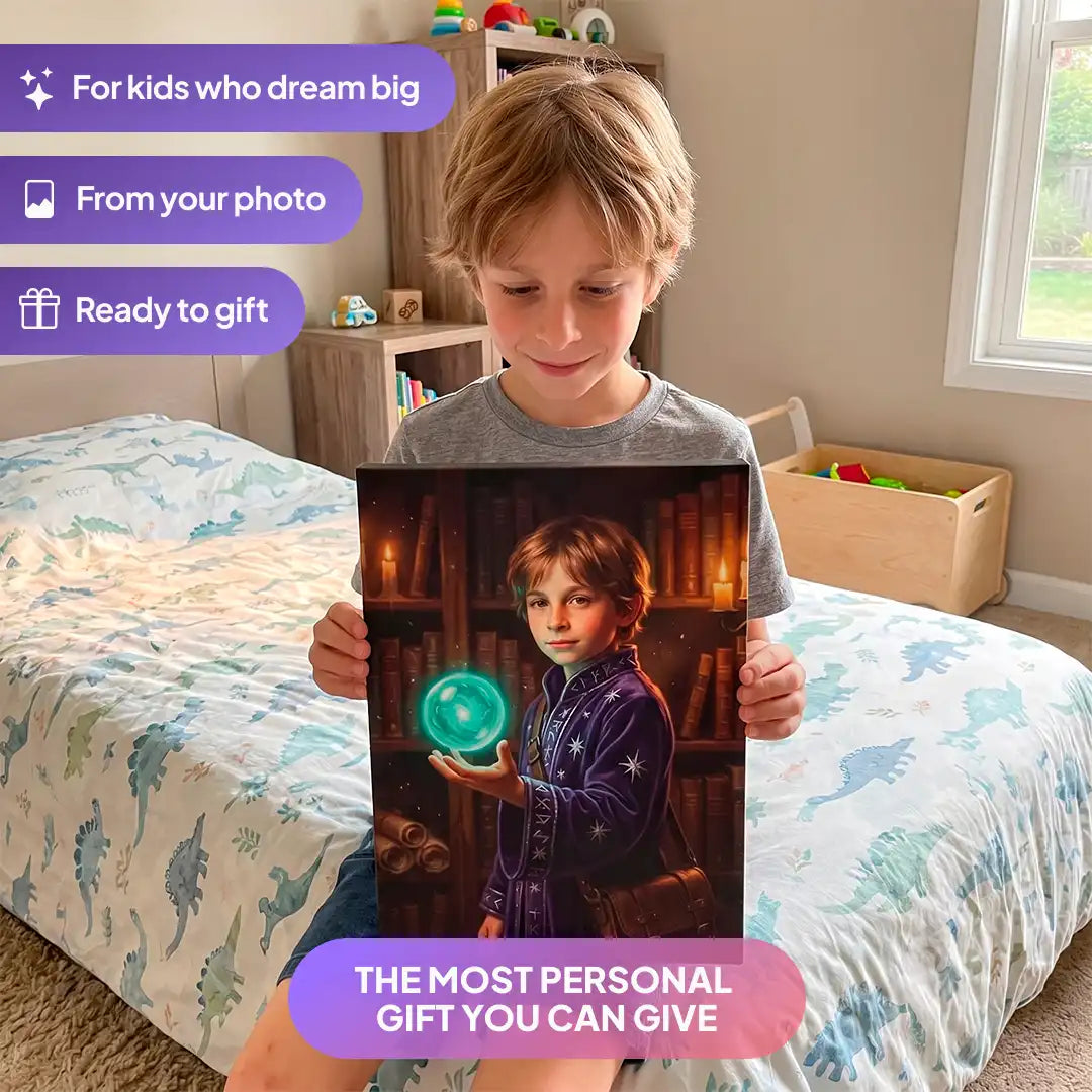 Boy holding a Little Wizard canvas portrait from Milo Portrait in a bedroom.