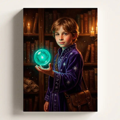 A vertical canvas wall art print depicting a young boy in a purple star-patterned robe holding a glowing green orb, set against a dark bookshelf background. The canvas is shown hanging on a light beige wall.