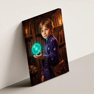A vertical canvas wall art print leaning against a light gray wall. The artwork depicts a young boy in a purple robe holding a glowing teal orb, set against a background of dark bookshelves with warm candlelight.