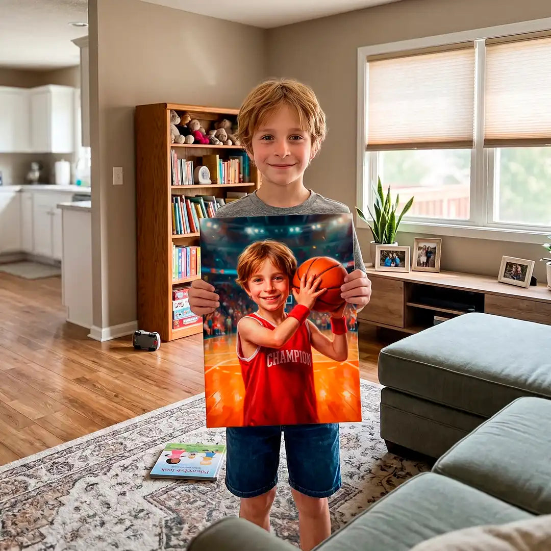 A young boy stands in a living room holding a custom printed poster of himself in a basketball uniform, with a basketball in his hand. The room features a wooden bookshelf, a green sofa, and a patterned rug.