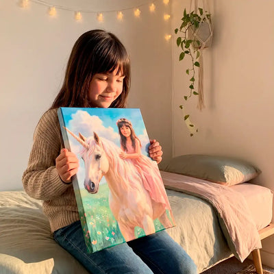 A young girl with dark hair sits on a bed holding a custom canvas painting of a white unicorn with a pink dress and a smiling woman. The room has warm string lights and a hanging plant in the background.