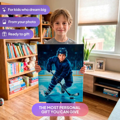 Boy holding a Hockey Star canvas portrait from Milo Portrait in a living room.