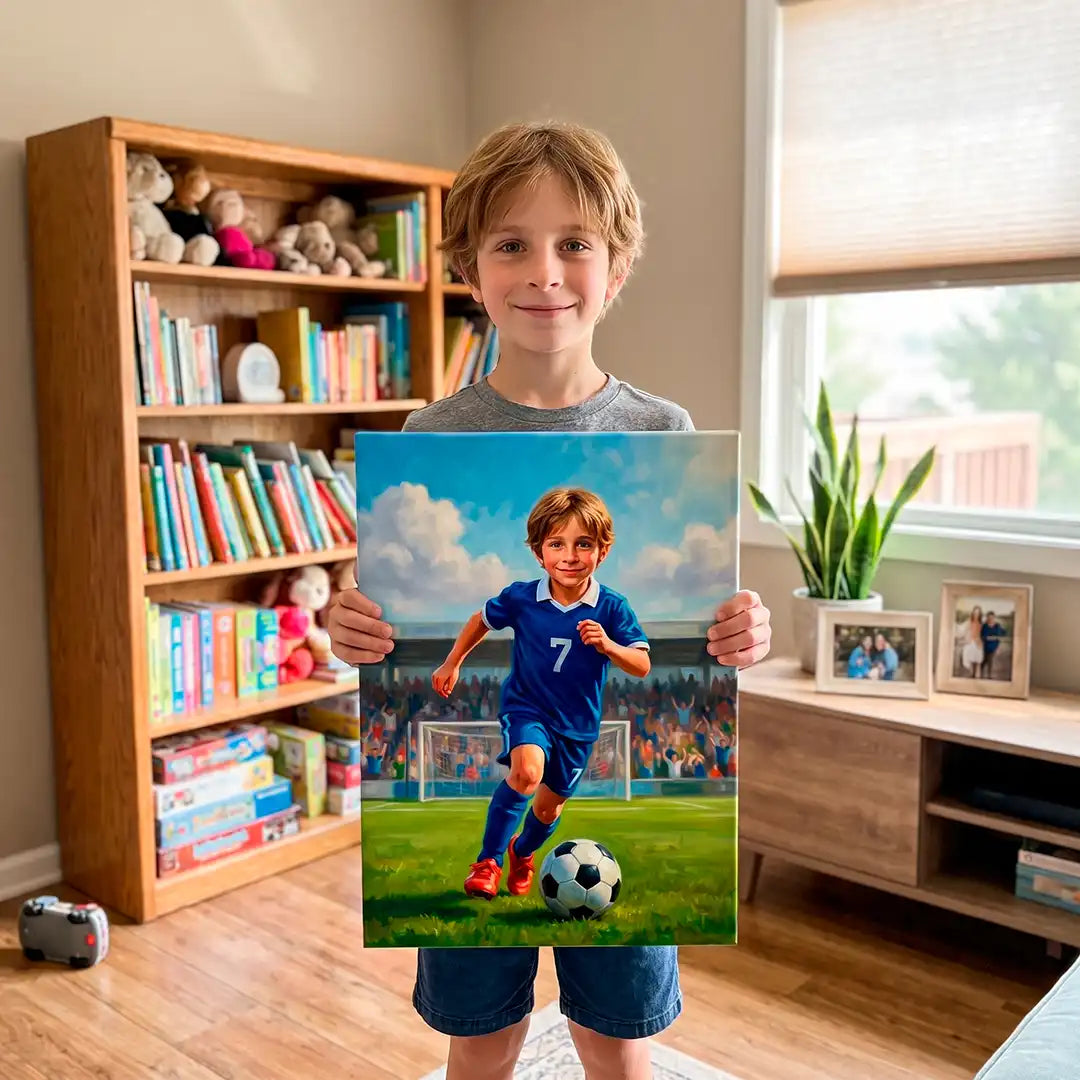 A young boy stands in a child's bedroom holding a custom portrait painting of himself as a soccer player. The room features a wooden bookshelf filled with books, a window with blinds, and a small plant on a wooden side table.