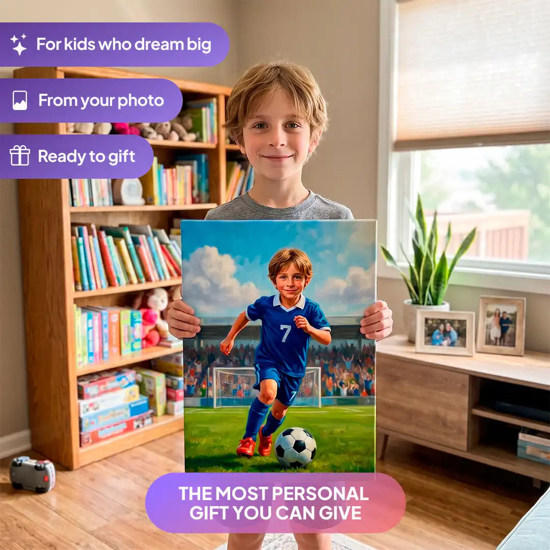 Boy holding a Soccer Striker canvas portrait from Milo Portrait in a living room.