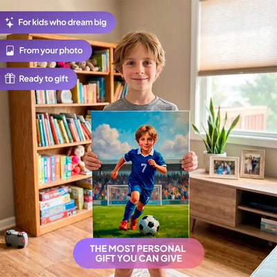 Boy holding a Soccer Striker canvas portrait from Milo Portrait in a living room.