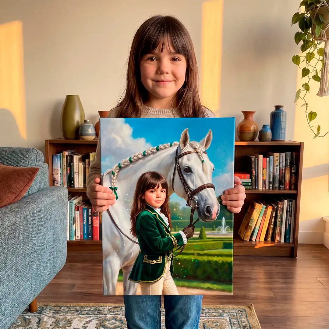 A young girl stands in a living room holding a large custom portrait painting of herself in a green jacket and a white horse.