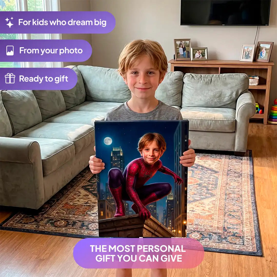 Boy holding a Web Hero canvas portrait from Milo Portrait in a living room.