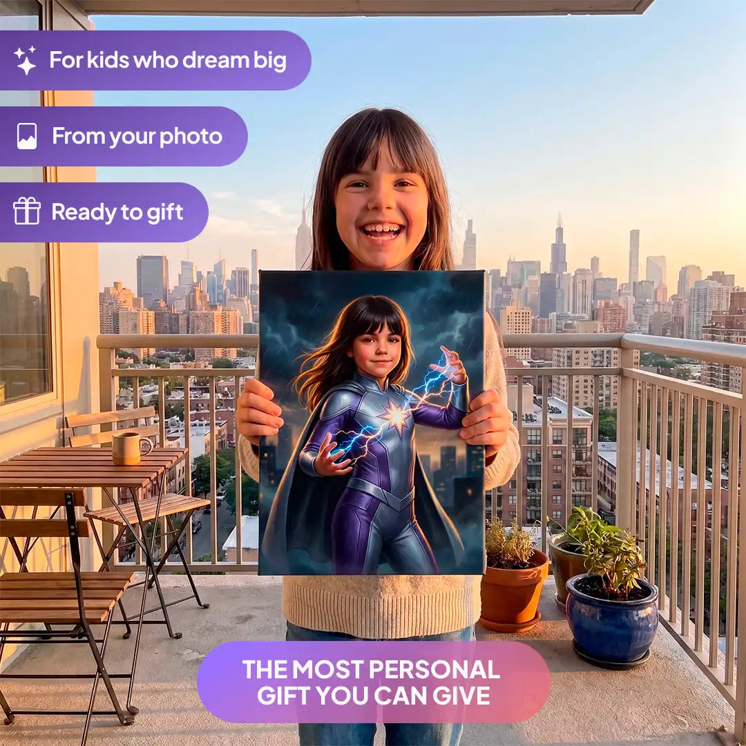 Girl holding a Storm Hero canvas portrait from Milo Portrait on a balcony.